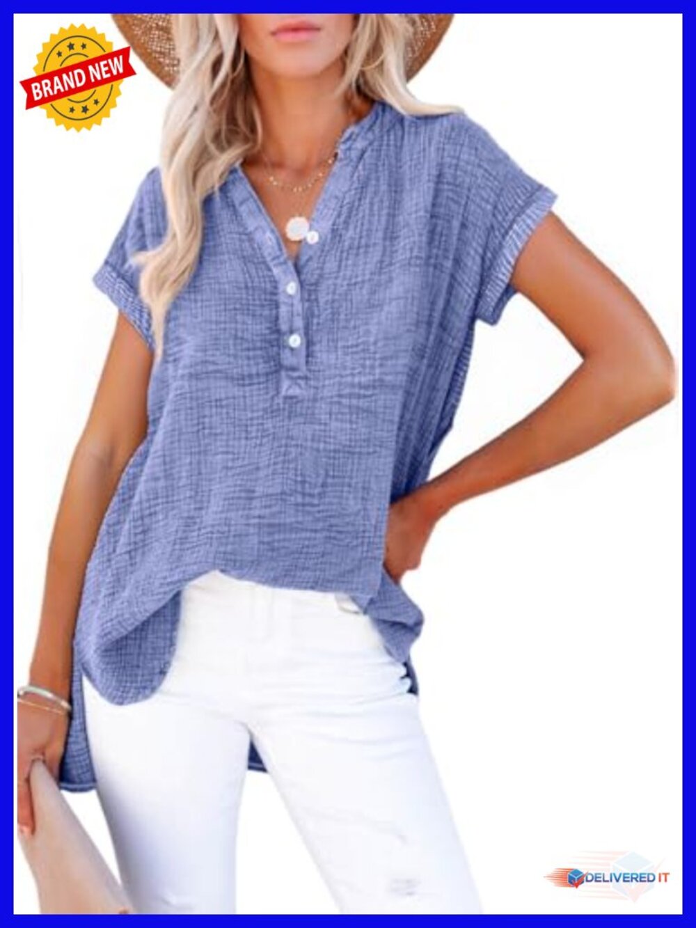 Women's Cotton V-Neck Button Boyfriend Blouse Short Sleeve